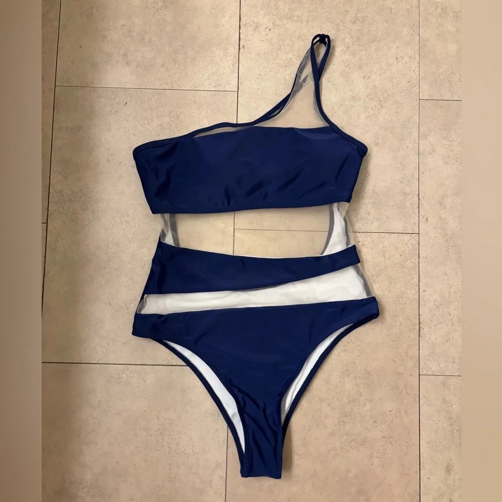 NWT SHEIN Navy Blue One-Shoulder Swim One Piece Size Med - Picture 5 of 7